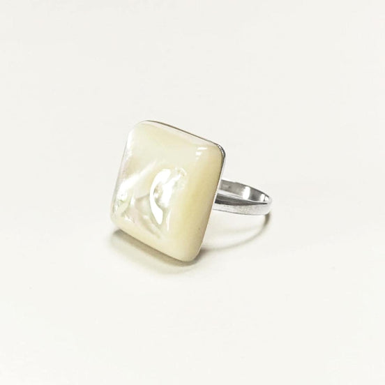 White Square Ring, Sterling Silver, Natural Mother of Pearl Shell, Designer Geometrical Foursquare Stone Jewelry, Statement Minimalist Ring