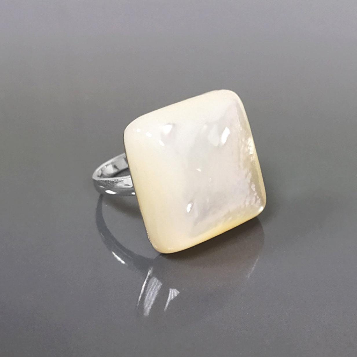 White Square Ring, Sterling Silver, Natural Mother of Pearl Shell, Designer Geometrical Foursquare Stone Jewelry, Statement Minimalist Ring