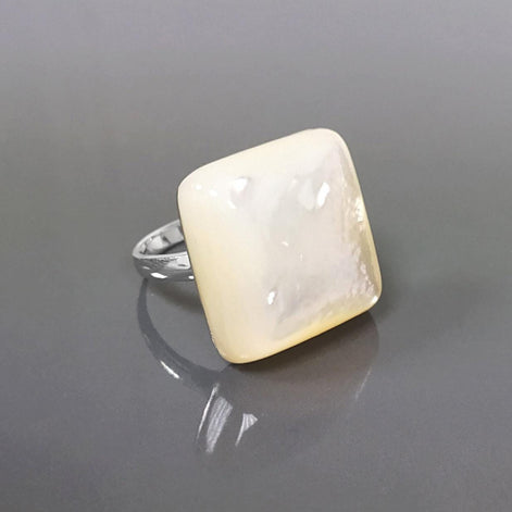 White Square Ring, Sterling Silver, Natural Mother of Pearl Shell, Designer Geometrical Foursquare Stone Jewelry, Statement Minimalist Ring