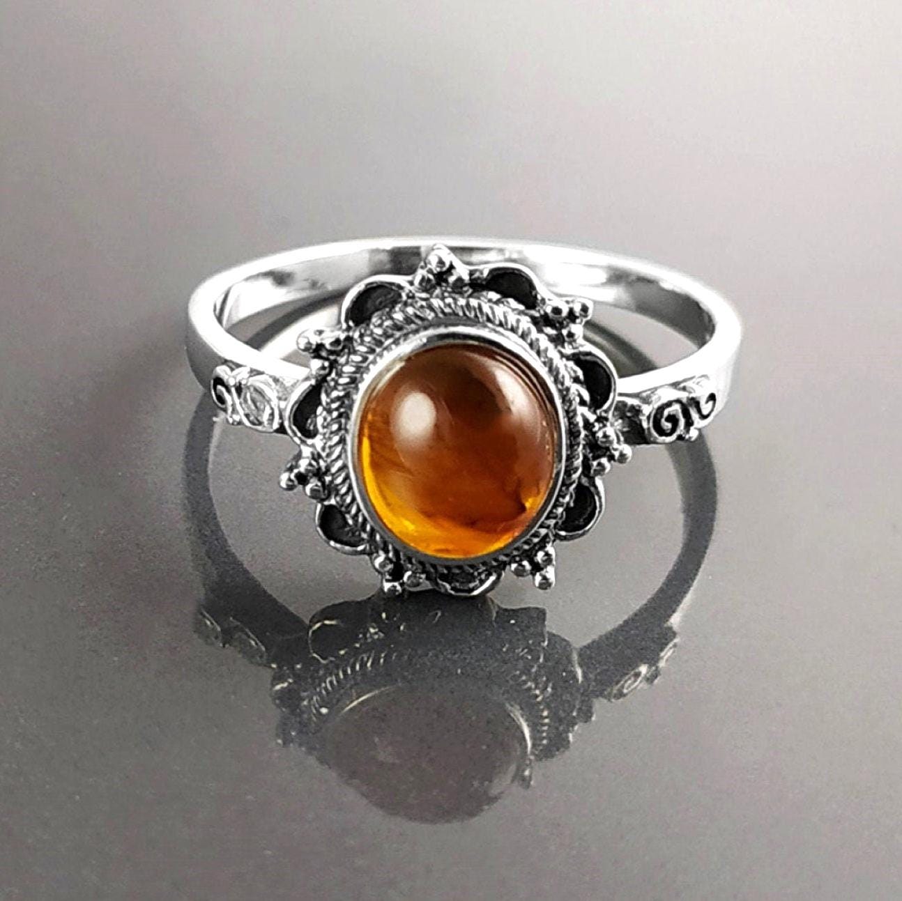 Genuine Amber Ring Solid 925 Silver Antique Style Jewelry