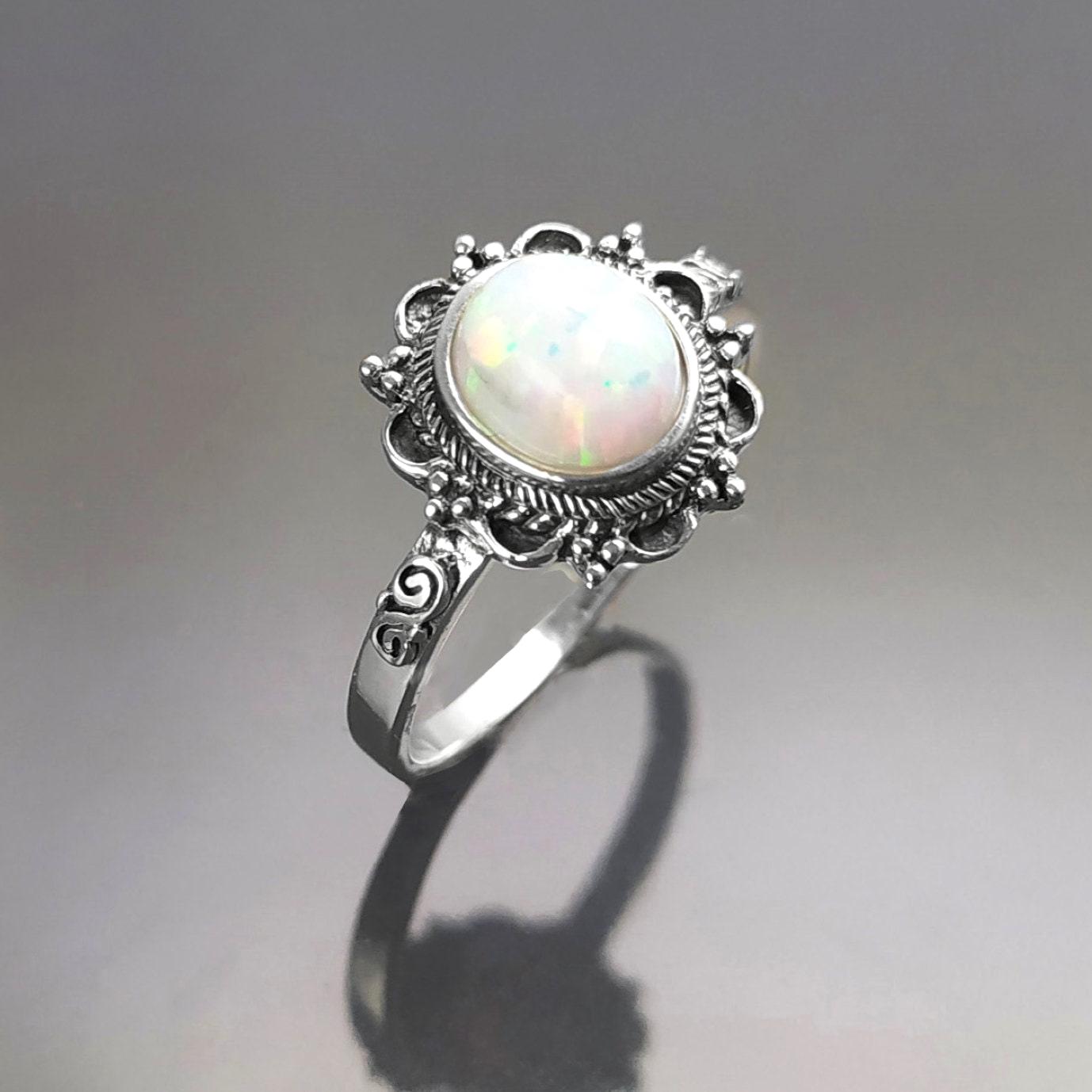 925 Vintage Opal Ring, Sterling Silver, White Fire Opal Gemstone Jewelry, Oval Fiery Opal Stone Jewelry, Woman Boho Tribal Style Gift