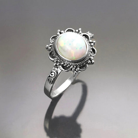 925 Vintage Opal Ring, Sterling Silver, White Fire Opal Gemstone Jewelry, Oval Fiery Opal Stone Jewelry, Woman Boho Tribal Style Gift