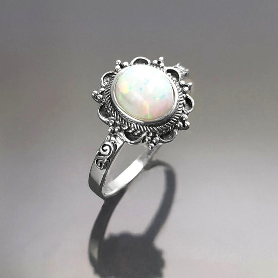 925 Vintage Opal Ring, Sterling Silver, White Fire Opal Gemstone Jewelry, Oval Fiery Opal Stone Jewelry, Woman Boho Tribal Style Gift