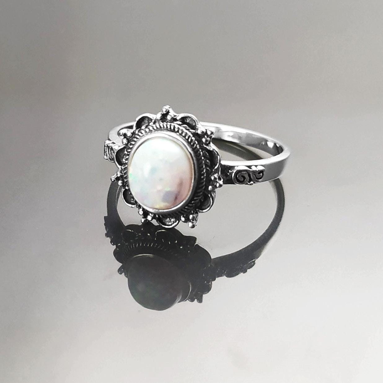 925 Vintage Opal Ring, Sterling Silver, White Fire Opal Gemstone Jewelry, Oval Fiery Opal Stone Jewelry, Woman Boho Tribal Style Gift