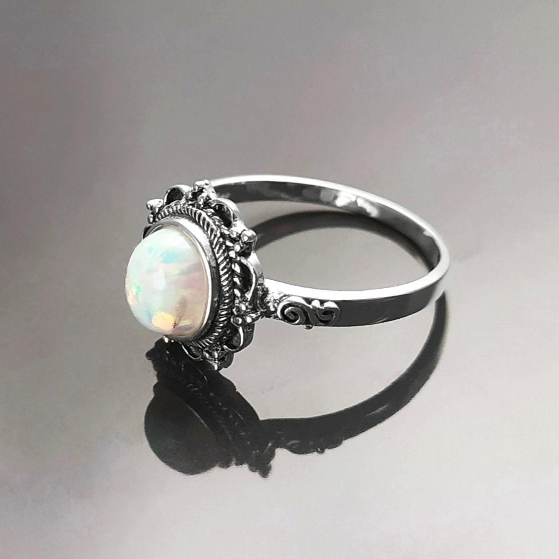 925 Vintage Opal Ring, Sterling Silver, White Fire Opal Gemstone Jewelry, Oval Fiery Opal Stone Jewelry, Woman Boho Tribal Style Gift