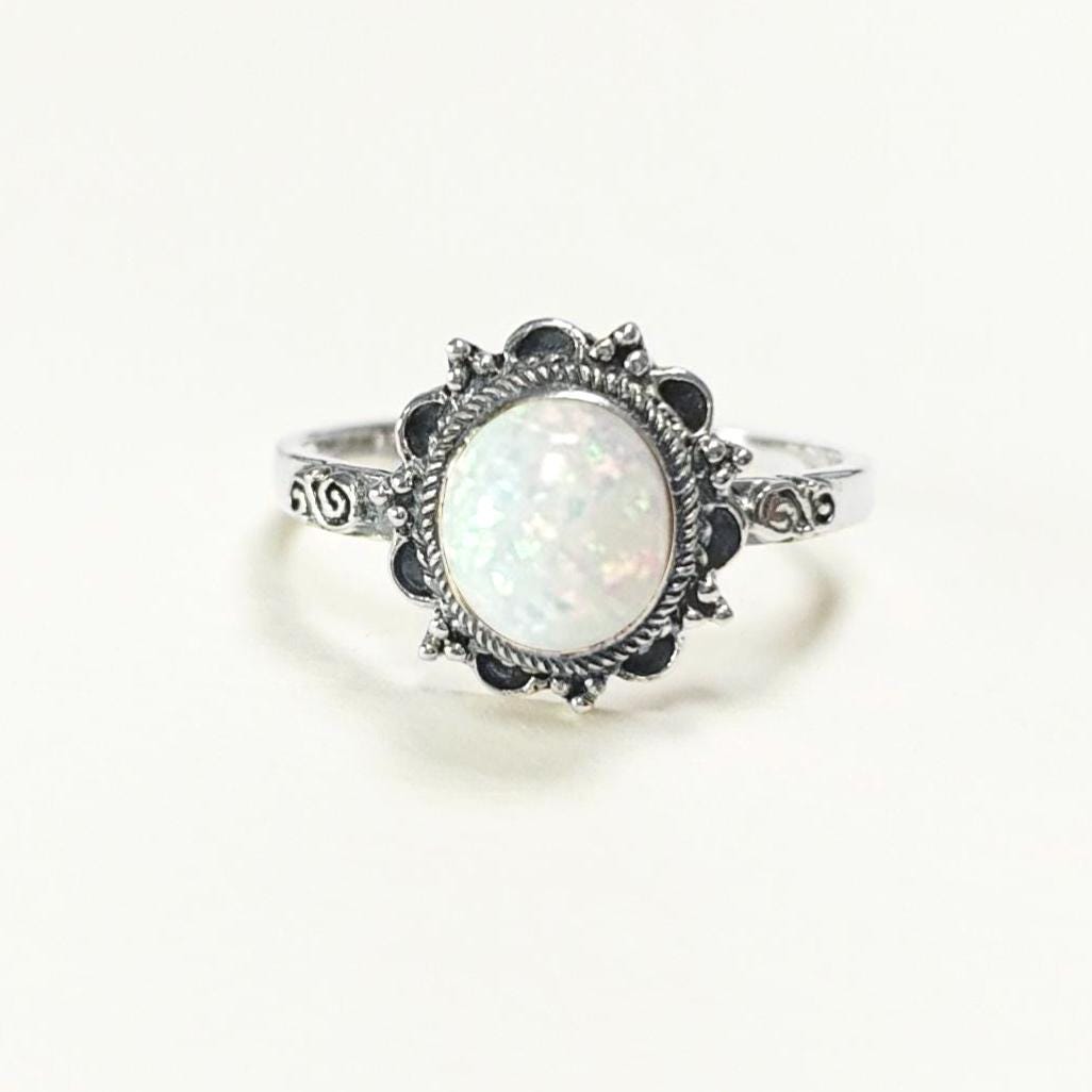 925 Vintage Opal Ring, Sterling Silver, White Fire Opal Gemstone Jewelry, Oval Fiery Opal Stone Jewelry, Woman Boho Tribal Style Gift