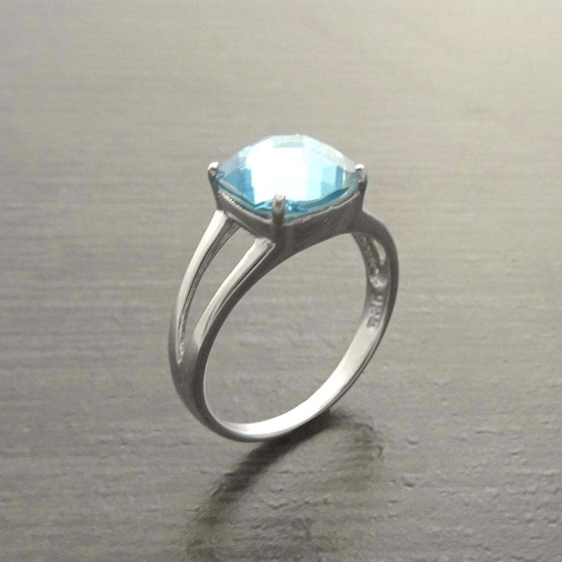 Blue Square Ring, Sterling Silver, Lab Blue Aquamarine simulant Stone (CZ) Ring, Modern Square Stones Ring, Engagement Solitaire Jewelry