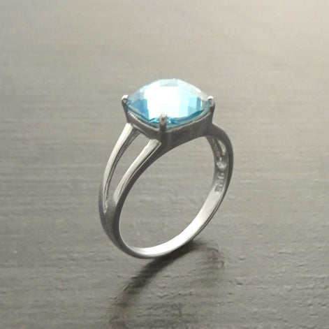 Blue Square Ring, Sterling Silver, Lab Blue Aquamarine simulant Stone (CZ) Ring, Modern Square Stones Ring, Engagement Solitaire Jewelry