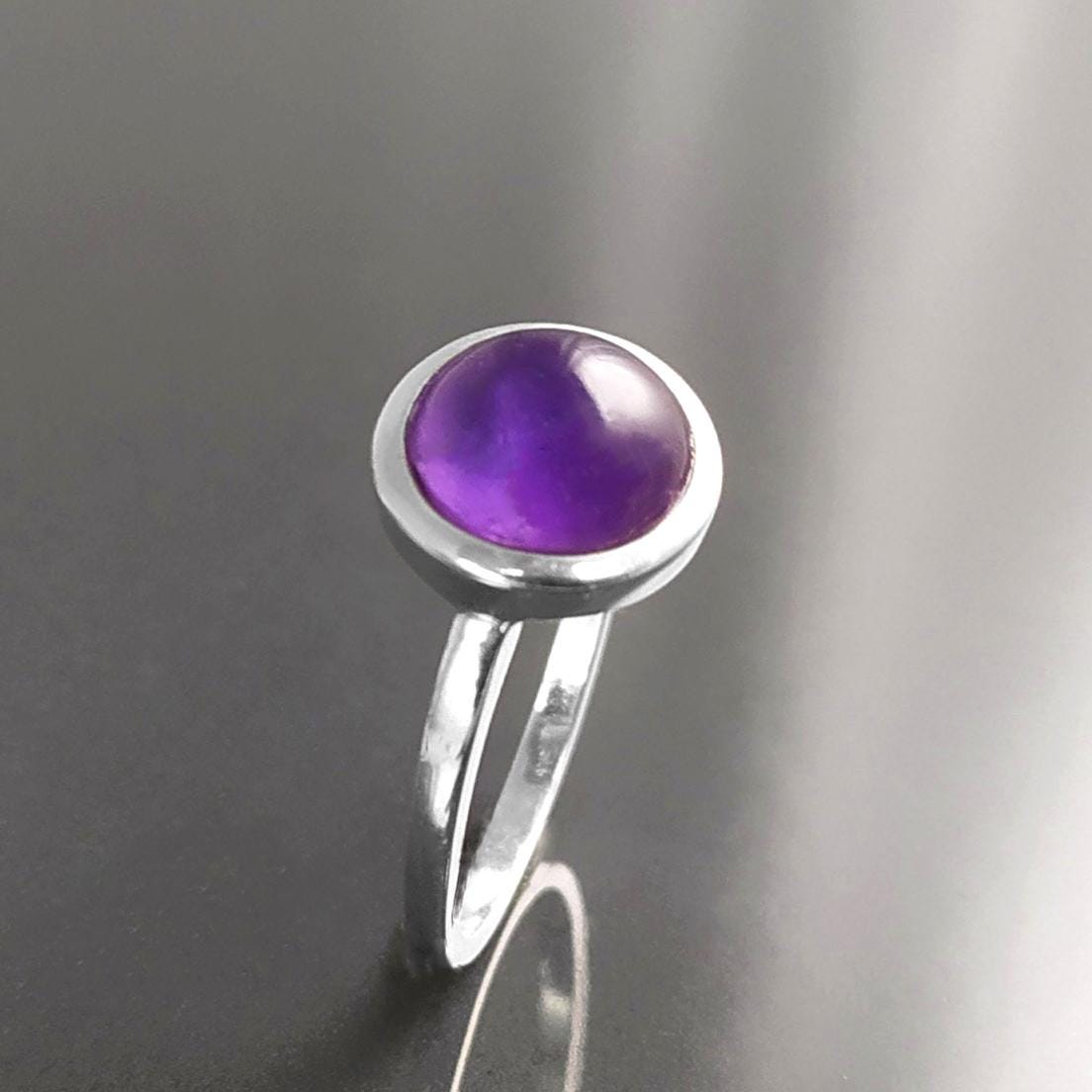 Round Amethyst Ring, Sterling Silver, Purple Stone Ring, Natural Purple Amethyst Gemstone Birthstone Jewelry, Modern Minimalist Style Gift
