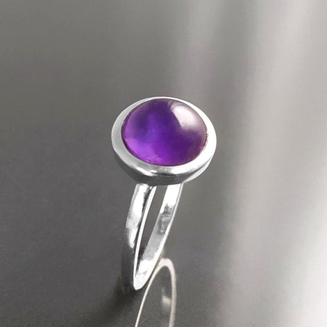 Round Amethyst Ring, Sterling Silver, Purple Stone Ring, Natural Purple Amethyst Gemstone Birthstone Jewelry, Modern Minimalist Style Gift