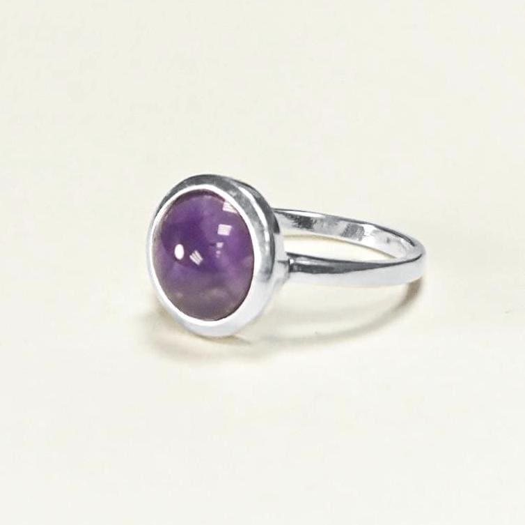 Round Amethyst Ring, Sterling Silver, Purple Stone Ring, Natural Purple Amethyst Gemstone Birthstone Jewelry, Modern Minimalist Style Gift