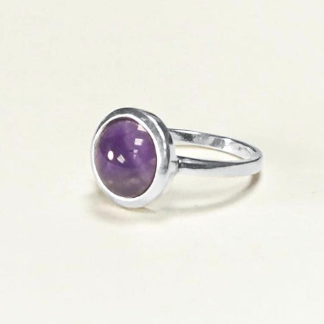 Round Amethyst Ring, Sterling Silver, Purple Stone Ring, Natural Purple Amethyst Gemstone Birthstone Jewelry, Modern Minimalist Style Gift