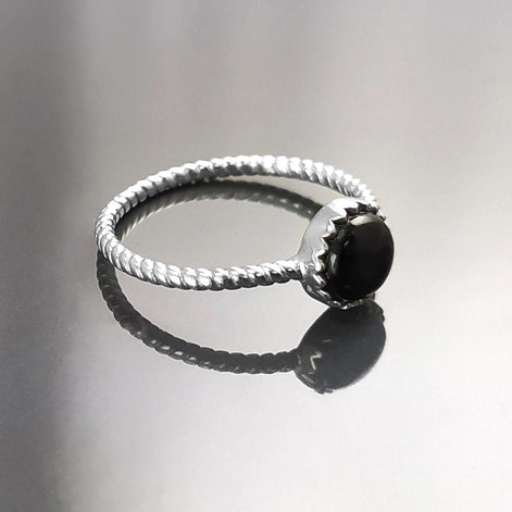 925 Black Round Ring , Sterling Silver, Genuine Black Onyx Domed Stone, Boho Braided Band Ring, Minimalist Everyday Style jewelry