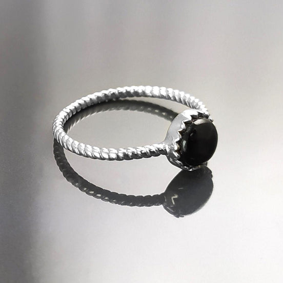 925 Black Round Ring , Sterling Silver, Genuine Black Onyx Domed Stone, Boho Braided Band Ring, Minimalist Everyday Style jewelry