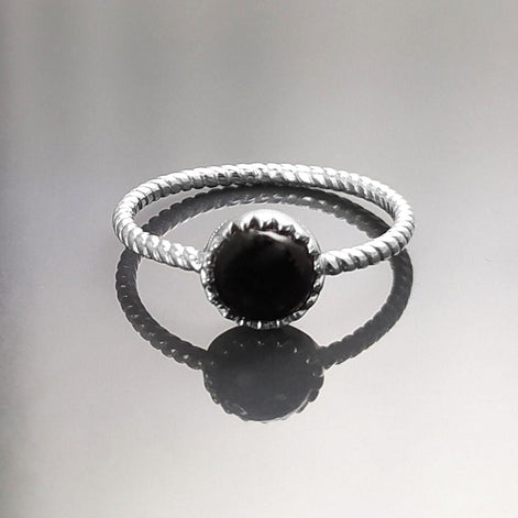 925 Black Round Ring , Sterling Silver, Genuine Black Onyx Domed Stone, Boho Braided Band Ring, Minimalist Everyday Style jewelry