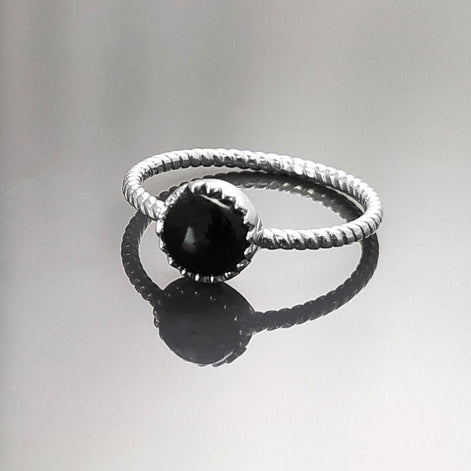 925 Black Round Ring , Sterling Silver, Genuine Black Onyx Domed Stone, Boho Braided Band Ring, Minimalist Everyday Style jewelry