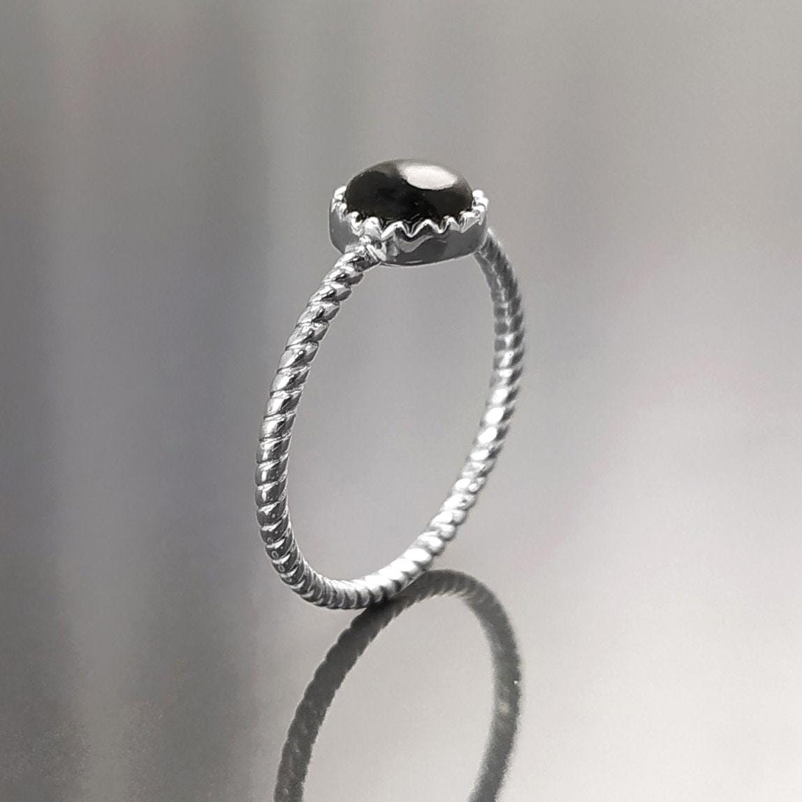925 Black Round Ring , Sterling Silver, Genuine Black Onyx Domed Stone, Boho Braided Band Ring, Minimalist Everyday Style jewelry