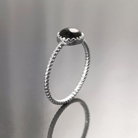 925 Black Round Ring , Sterling Silver, Genuine Black Onyx Domed Stone, Boho Braided Band Ring, Minimalist Everyday Style jewelry
