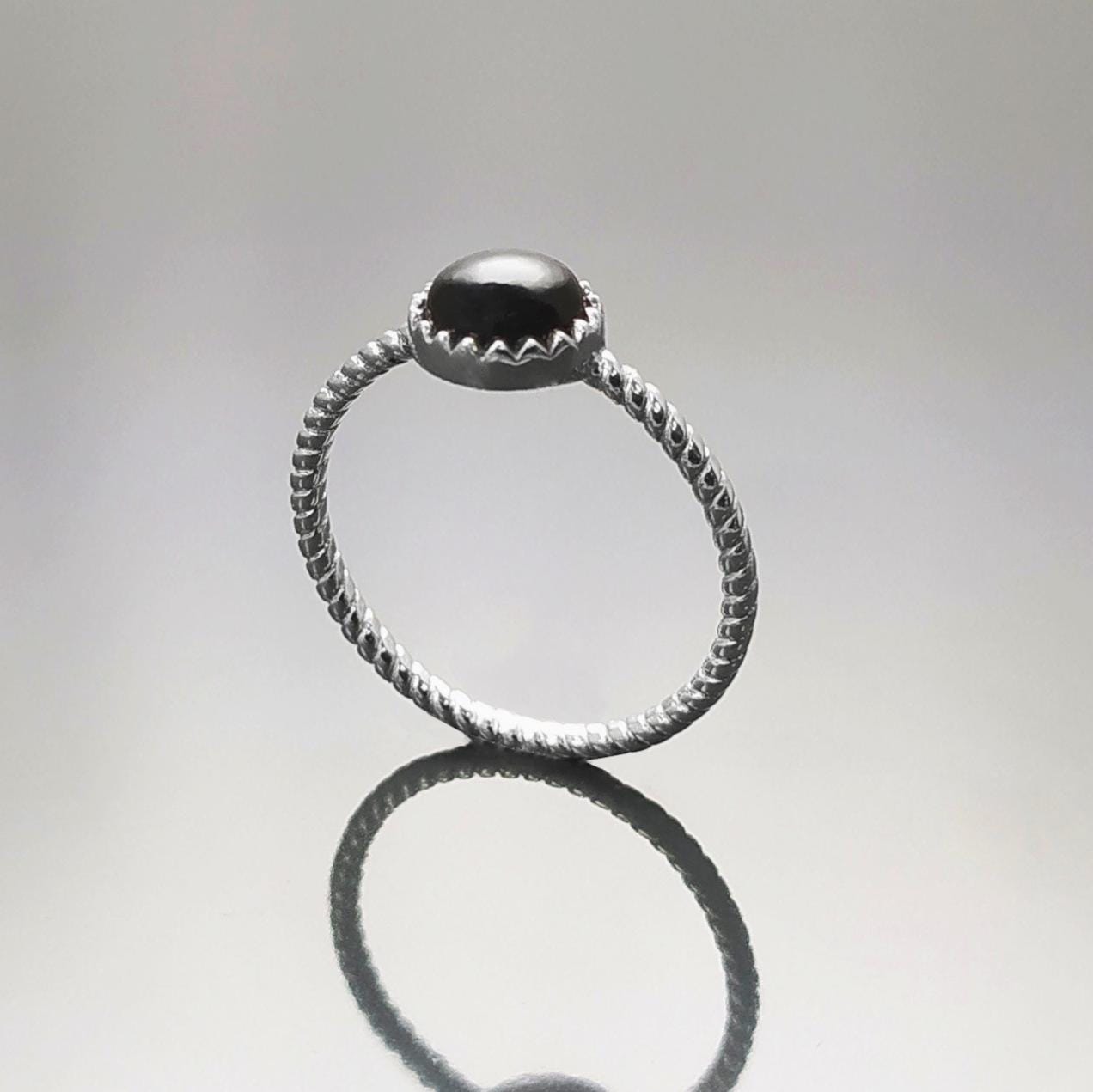 925 Black Round Ring , Sterling Silver, Genuine Black Onyx Domed Stone, Boho Braided Band Ring, Minimalist Everyday Style jewelry