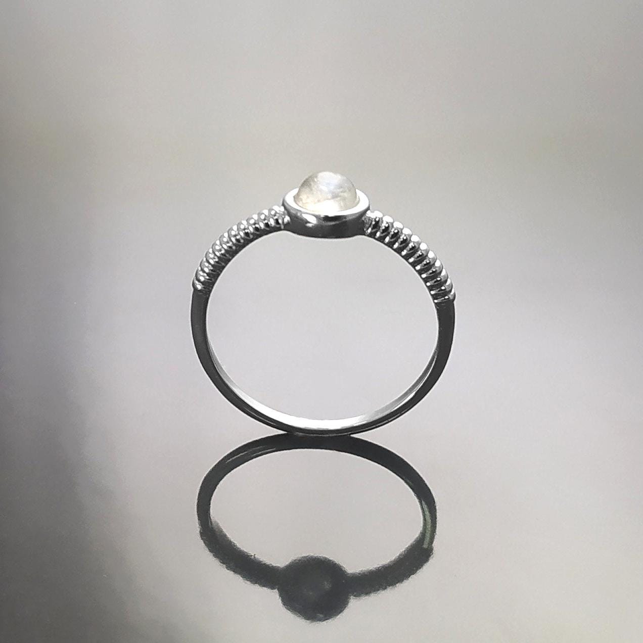 925 Round Moonstone Ring, Sterling Silver, Rainbow Gemstone, Small Domed Stone, Modern Ethnic Chic Braided Band Shank, Casual Style Jewelry