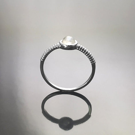 925 Round Moonstone Ring, Sterling Silver, Rainbow Gemstone, Small Domed Stone, Modern Ethnic Chic Braided Band Shank, Casual Style Jewelry