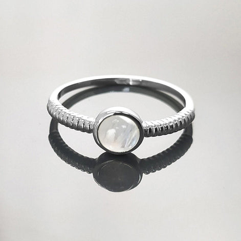 925 Round Moonstone Ring, Sterling Silver, Rainbow Gemstone, Small Domed Stone, Modern Ethnic Chic Braided Band Shank, Casual Style Jewelry