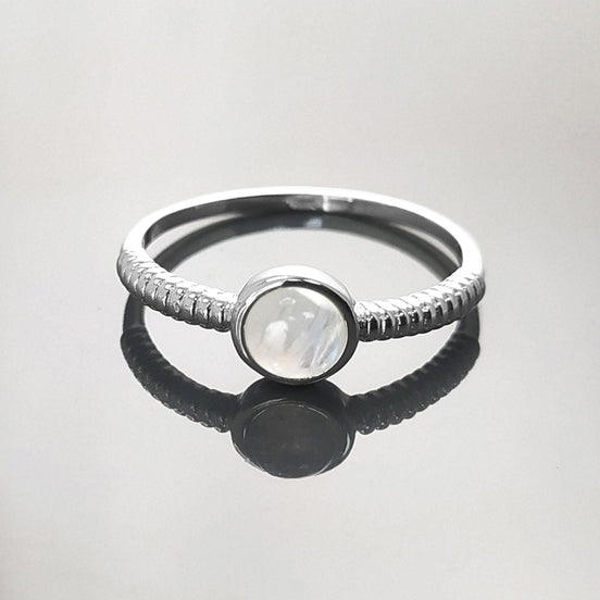 925 Round Moonstone Ring, Sterling Silver, Rainbow Gemstone, Small Domed Stone, Modern Ethnic Chic Braided Band Shank, Casual Style Jewelry