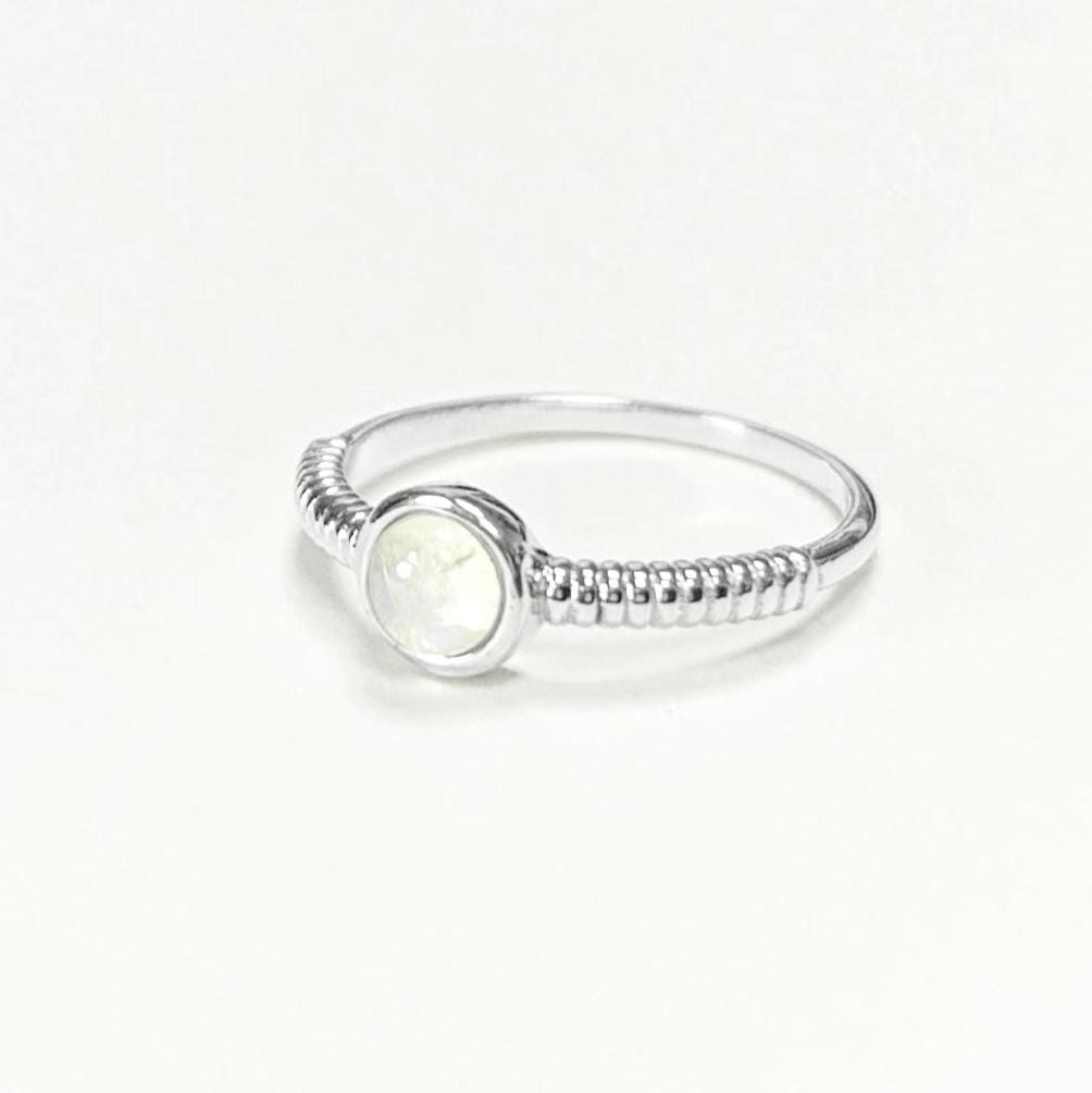 925 Round Moonstone Ring, Sterling Silver, Rainbow Gemstone, Small Domed Stone, Modern Ethnic Chic Braided Band Shank, Casual Style Jewelry