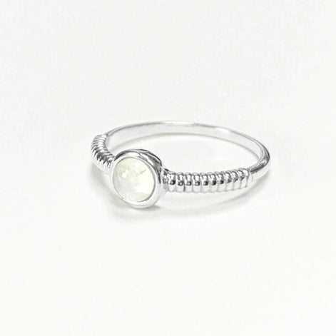 925 Round Moonstone Ring, Sterling Silver, Rainbow Gemstone, Small Domed Stone, Modern Ethnic Chic Braided Band Shank, Casual Style Jewelry