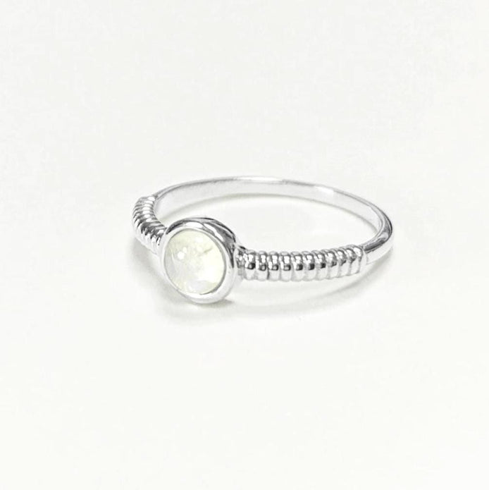 925 Round Moonstone Ring, Sterling Silver, Rainbow Gemstone, Small Domed Stone, Modern Ethnic Chic Braided Band Shank, Casual Style Jewelry