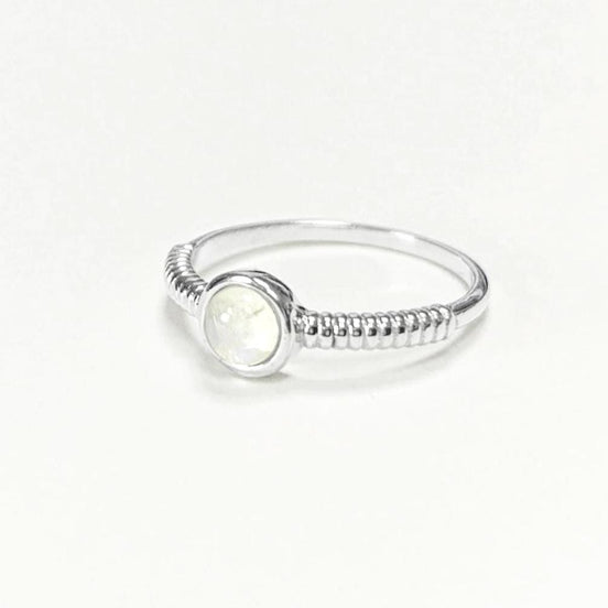 925 Round Moonstone Ring, Sterling Silver, Rainbow Gemstone, Small Domed Stone, Modern Ethnic Chic Braided Band Shank, Casual Style Jewelry