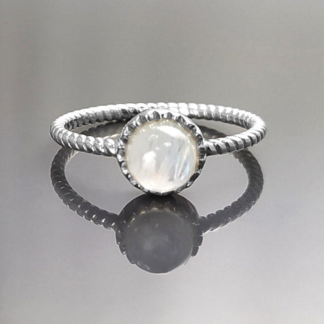 925 Moonstone Ring Sterling Silver, Genuine Moonstone Round Stone, Braided Band Ring, Minimalist Everyday Style jewelry