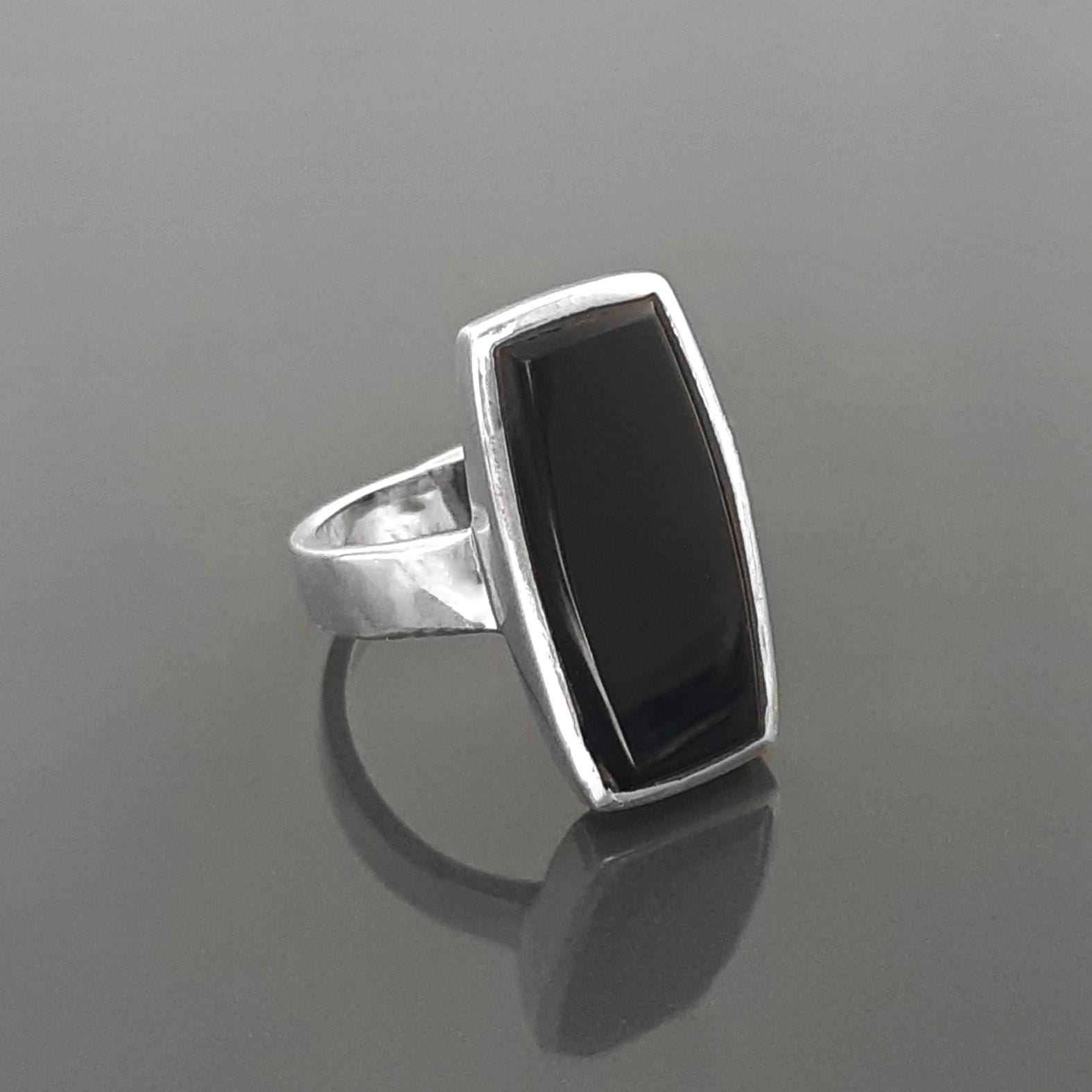 Black onyx ring, sterling silver set with a rectangle onyx stone in a unique modern design