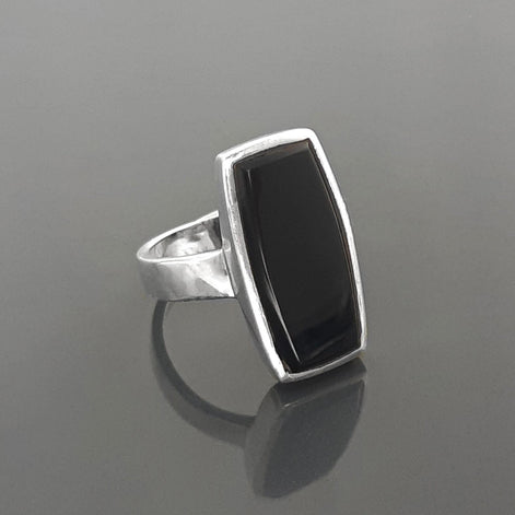 Black onyx ring, sterling silver set with a rectangle onyx stone in a unique modern design