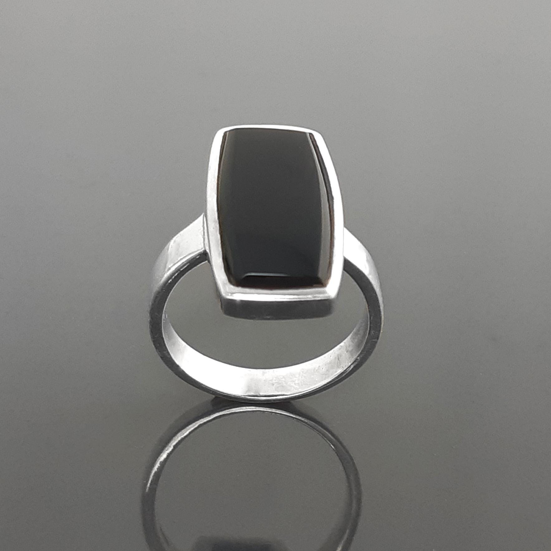 Black onyx ring, sterling silver set with a rectangle onyx stone in a unique modern design
