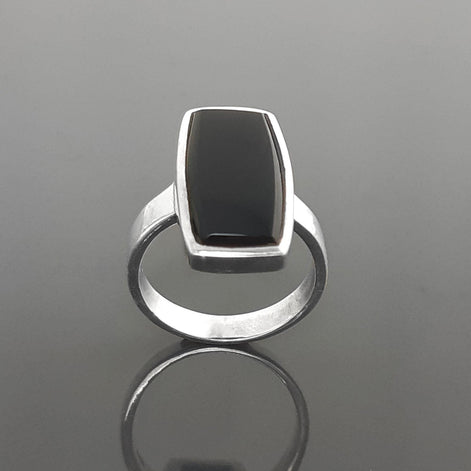 Black onyx ring, sterling silver set with a rectangle onyx stone in a unique modern design