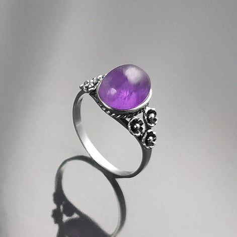 Amethyst Oval Ring, Sterling Silver, Boho Studded Band, Natural Purple Gemstone