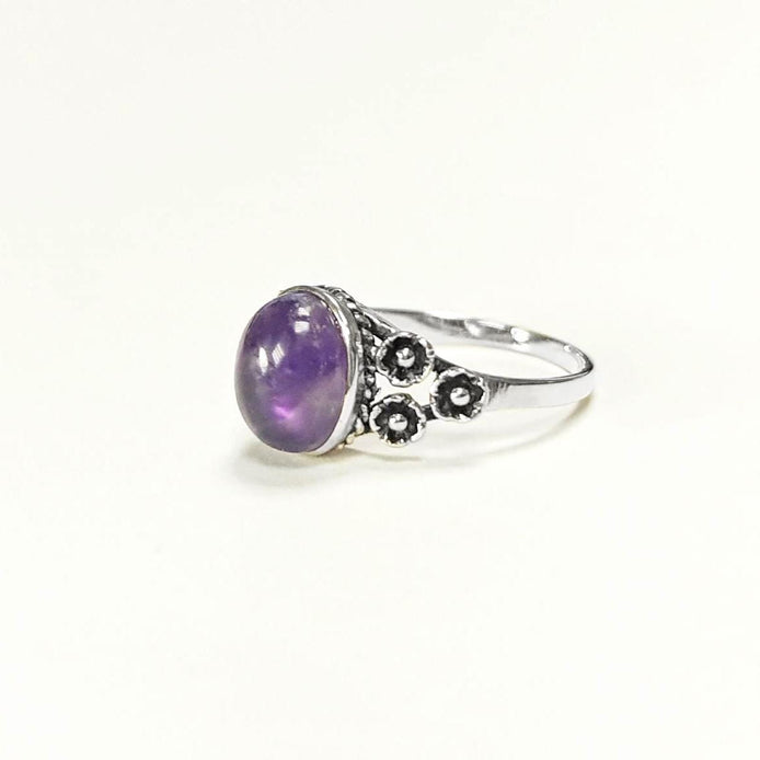 Amethyst Oval Ring, Sterling Silver, Boho Studded Band, Natural Purple Gemstone
