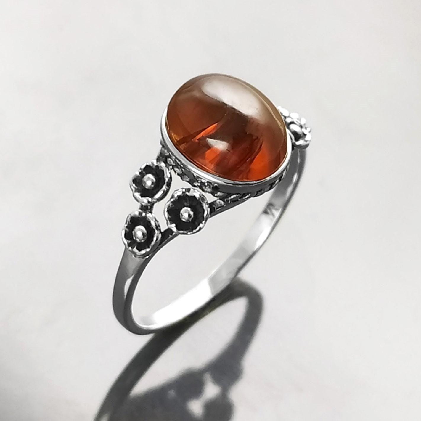 925 Sterling Silver Amber Ring, Vintage Style Amber Ring, Handmade Oval Gemstone Jewelry, Boho Studded Pattern