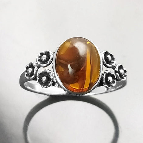 925 Sterling Silver Amber Ring, Vintage Style Amber Ring, Handmade Oval Gemstone Jewelry, Boho Studded Pattern