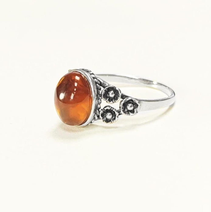 925 Sterling Silver Amber Ring, Vintage Style Amber Ring, Handmade Oval Gemstone Jewelry, Boho Studded Pattern