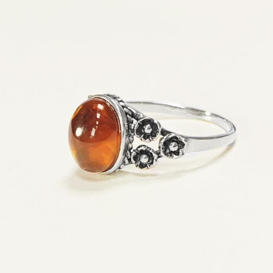 925 Sterling Silver Amber Ring, Vintage Style Amber Ring, Handmade Oval Gemstone Jewelry, Boho Studded Pattern