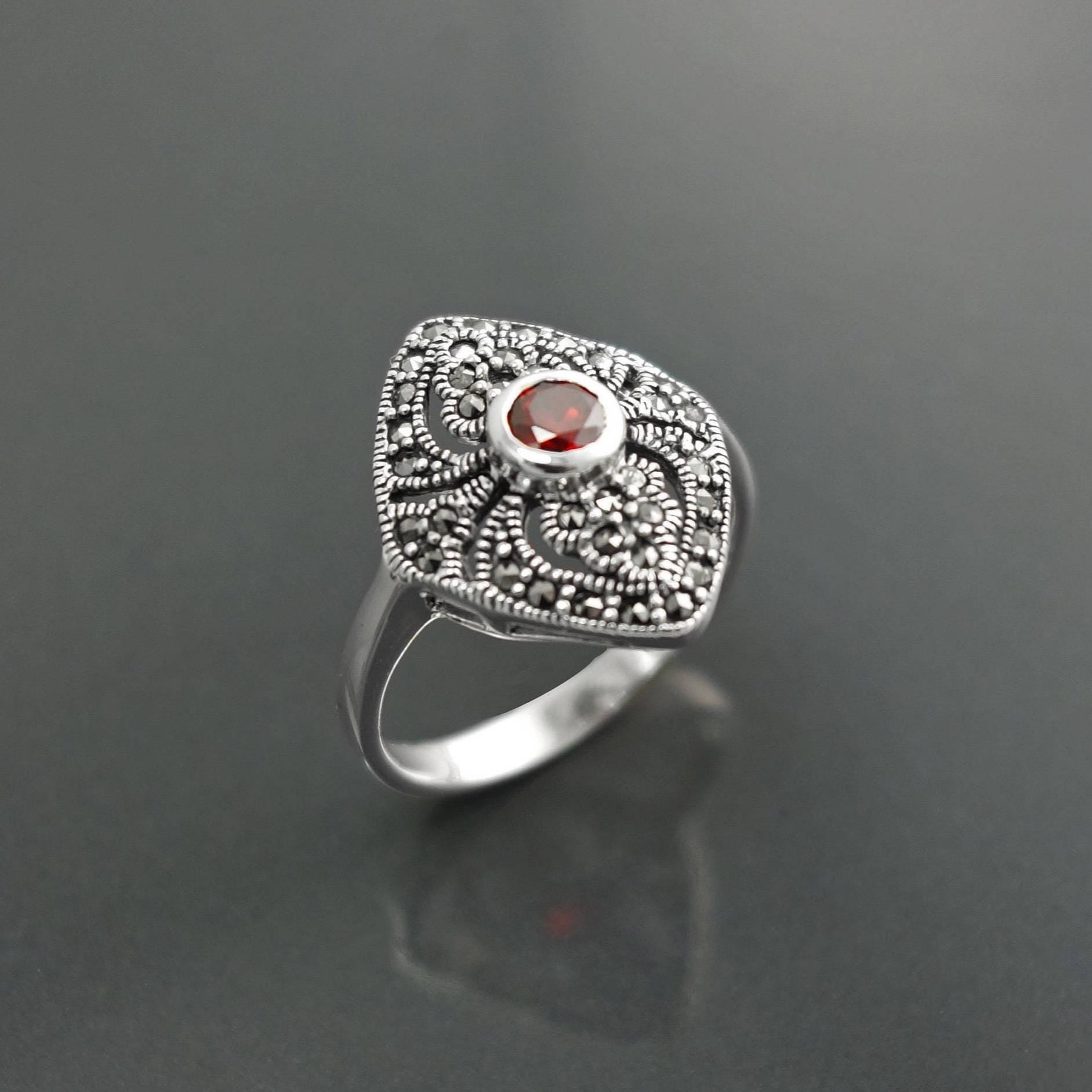 Art Deco Sterling Silver Marquise Ring, Lab Red Garnet, Marcasite Details
