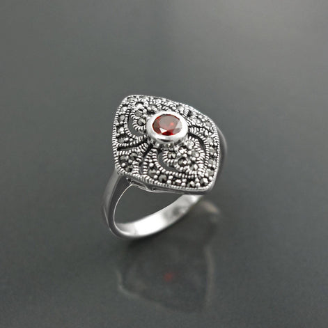 Art Deco Sterling Silver Marquise Ring, Lab Red Garnet, Marcasite Details