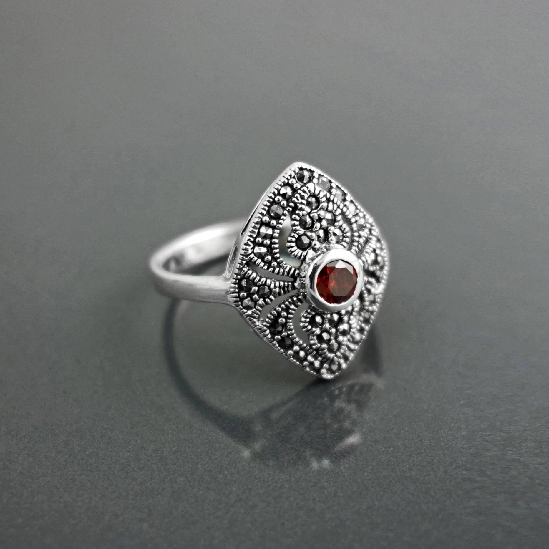 Art Deco Sterling Silver Marquise Ring, Lab Red Garnet, Marcasite Details