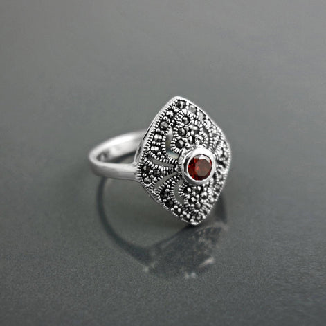 Art Deco Sterling Silver Marquise Ring, Lab Red Garnet, Marcasite Details