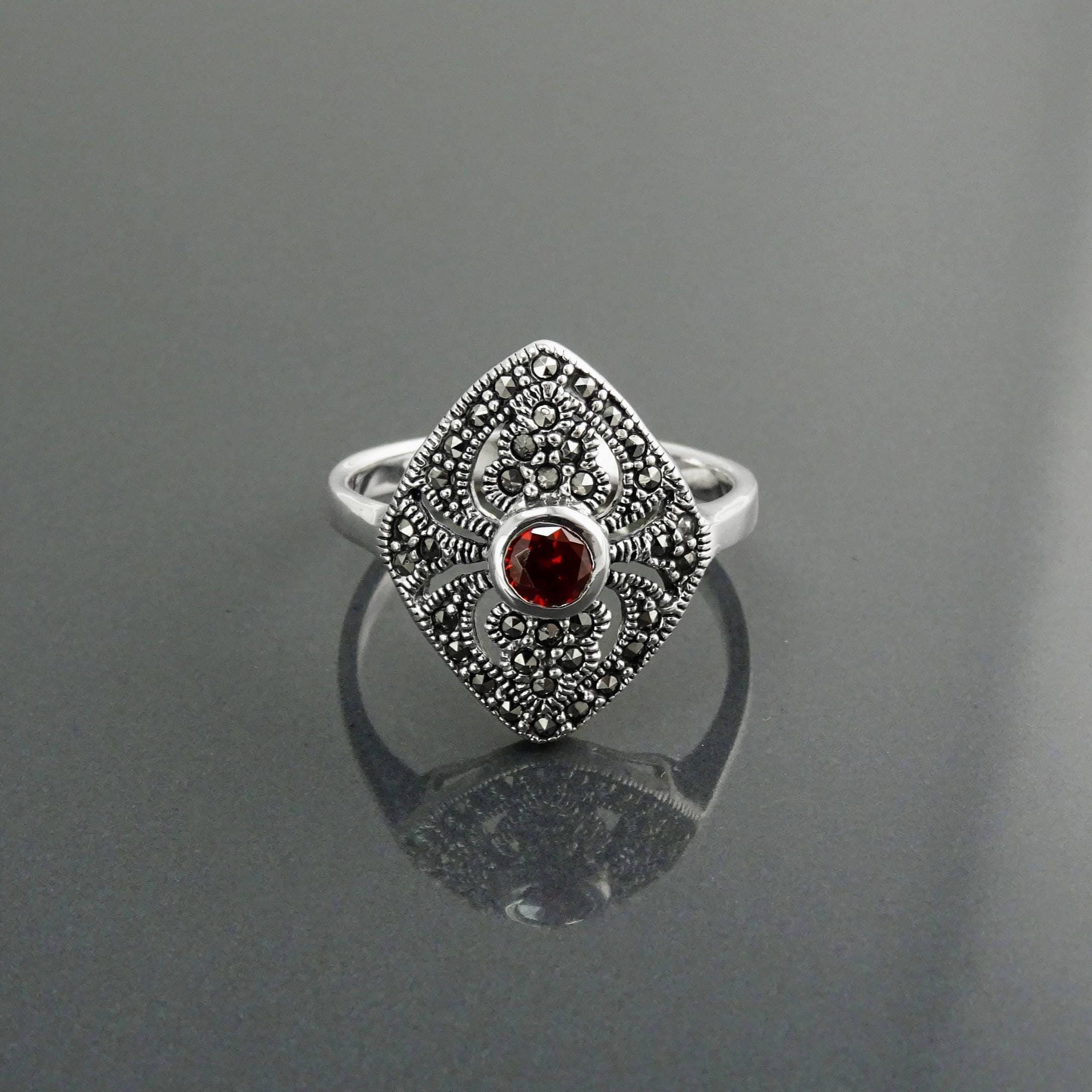 Art Deco Sterling Silver Marquise Ring, Lab Red Garnet, Marcasite Details
