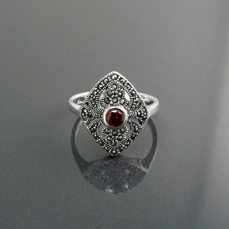 Art Deco Sterling Silver Marquise Ring, Lab Red Garnet, Marcasite Details
