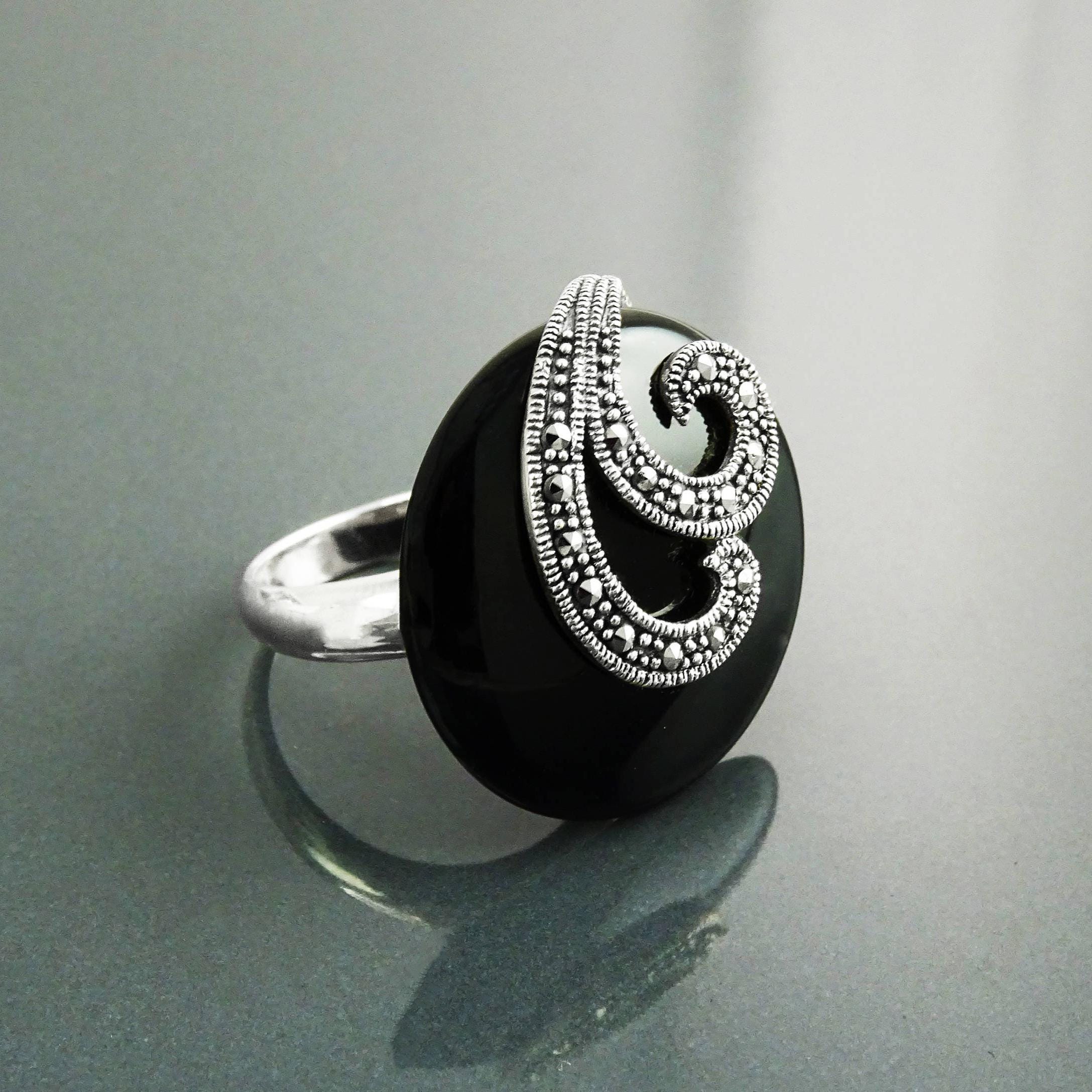 Art Deco Black Onyx Ring, Sterling Silver, Marcasite Stones, Roaring Twenties Inspired Jewelry