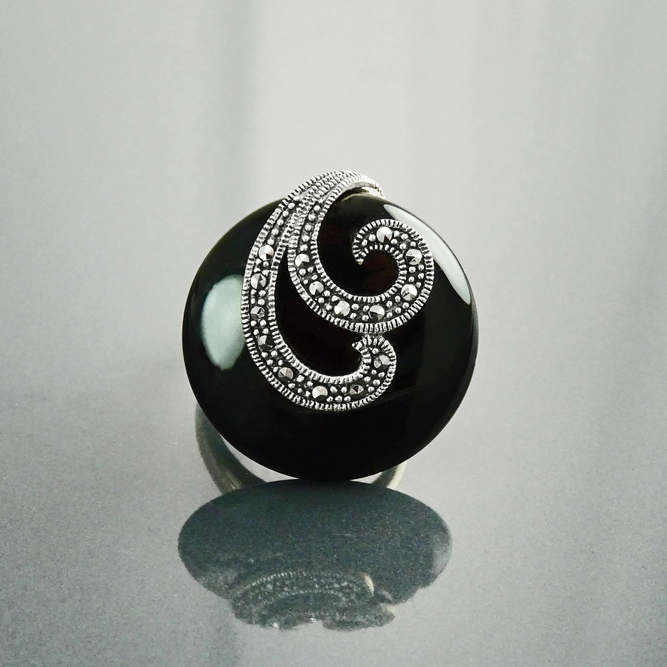 Art Deco Black Onyx Ring, Sterling Silver, Marcasite Stones, Roaring Twenties Inspired Jewelry